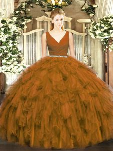 Clearance V-neck Sleeveless Quinceanera Gowns Floor Length Beading and Ruffles Brown Tulle