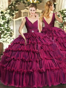 Fuchsia Organza Backless 15 Quinceanera Dress Sleeveless Floor Length Beading and Ruffled Layers