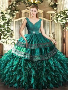 Exceptional Sleeveless Floor Length Beading and Ruffles Backless Sweet 16 Dress with Turquoise