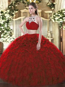 Discount Wine Red Backless Quinceanera Gowns Beading and Ruffles Sleeveless Floor Length