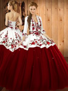 Flare Wine Red Lace Up Quinceanera Gown Embroidery Sleeveless Floor Length