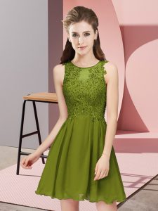 Mini Length Olive Green Dama Dress for Quinceanera Chiffon Sleeveless Appliques