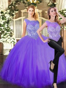 Customized Sleeveless Tulle Floor Length Zipper Sweet 16 Dresses in Eggplant Purple with Beading
