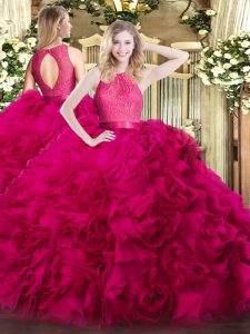 Hot Pink Ball Gowns Lace Sweet 16 Quinceanera Dress Zipper Fabric With Rolling Flowers Sleeveless Floor Length