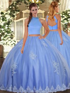 Fine Baby Blue Halter Top Neckline Beading and Appliques Quince Ball Gowns Sleeveless Backless
