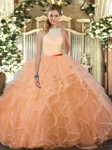 Peach Sleeveless Tulle Backless 15th Birthday Dress for Sweet 16 and Quinceanera