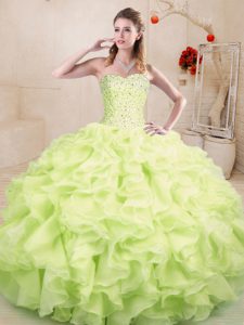 Sleeveless Lace Up Floor Length Beading and Ruffles Ball Gown Prom Dress
