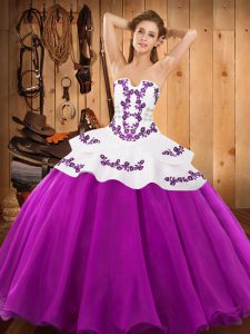 Flirting Fuchsia Ball Gowns Strapless Sleeveless Satin and Organza Floor Length Lace Up Embroidery Sweet 16 Dresses