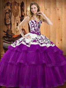 Hot Selling Sweetheart Sleeveless 15 Quinceanera Dress Floor Length Embroidery and Ruffles Purple Tulle