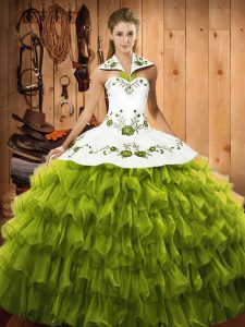 Trendy Organza Halter Top Sleeveless Lace Up Embroidery and Ruffled Layers Sweet 16 Dresses in Olive Green