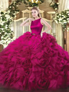 Lovely Ball Gowns 15th Birthday Dress Fuchsia Scoop Fabric With Rolling Flowers Sleeveless Floor Length Clasp Handle
