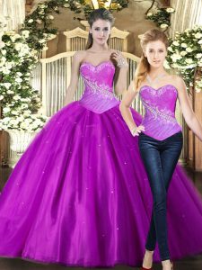 Enchanting Fuchsia Tulle Lace Up Sweetheart Sleeveless Floor Length 15th Birthday Dress Beading