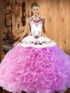 Custom Designed Rose Pink Halter Top Lace Up Embroidery Quince Ball Gowns Sleeveless