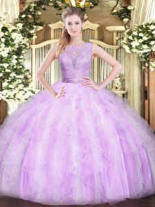 Affordable Lilac Ball Gowns Scoop Sleeveless Organza Floor Length Backless Lace and Ruffles Vestidos de Quinceanera