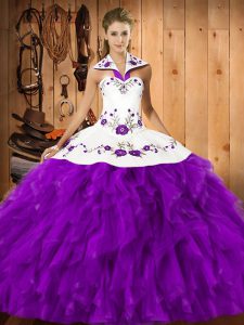 Traditional Floor Length Lace Up Sweet 16 Dresses Eggplant Purple for Military Ball and Sweet 16 and Quinceanera with Embroidery and Ruffles