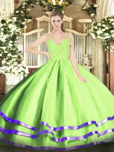 Floor Length Yellow Green Quinceanera Gowns Organza Sleeveless Ruffled Layers