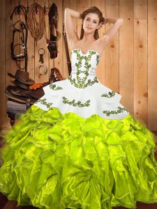 Wonderful Yellow Green Sleeveless Satin and Organza Lace Up 15th Birthday Dress for Military Ball and Sweet 16 and Quinceanera