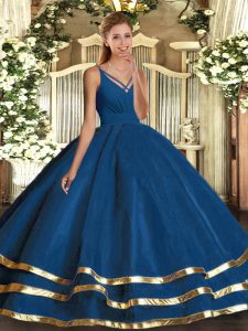 Captivating Blue Ball Gowns Tulle V-neck Sleeveless Ruching Floor Length Backless Sweet 16 Dress