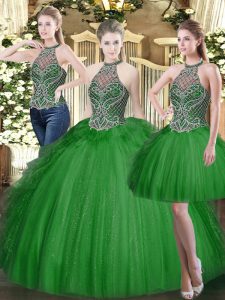 Amazing High-neck Sleeveless Tulle 15 Quinceanera Dress Beading and Ruffles Lace Up