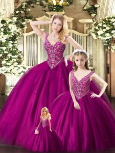 Sleeveless Organza Floor Length Lace Up Quince Ball Gowns in Fuchsia with Beading