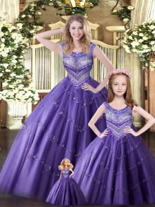 Eggplant Purple Scoop Lace Up Beading 15th Birthday Dress Sleeveless