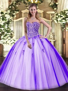 Artistic Lavender Tulle Lace Up Sweetheart Sleeveless Floor Length 15th Birthday Dress Beading