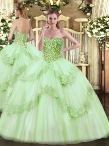 Great Tulle Sweetheart Sleeveless Lace Up Beading and Appliques Sweet 16 Dresses in Apple Green