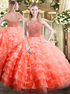 Floor Length Orange Red Quinceanera Dresses Organza Sleeveless Beading and Ruffled Layers