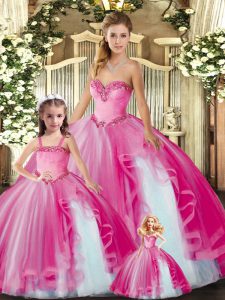Fantastic Fuchsia Ball Gowns Organza Sweetheart Sleeveless Beading and Ruffles Floor Length Lace Up Quinceanera Dresses