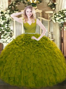 Olive Green Sleeveless Floor Length Beading and Ruffles Zipper Sweet 16 Dresses