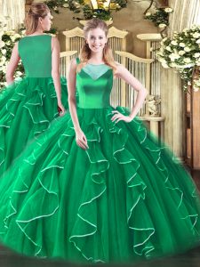 Elegant Turquoise Side Zipper Scoop Beading and Ruffles Ball Gown Prom Dress Tulle Sleeveless