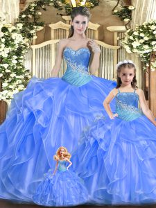 Captivating Floor Length Lace Up Quinceanera Gown Baby Blue for Military Ball and Sweet 16 and Quinceanera with Beading and Ruffles