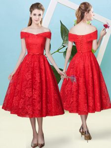 High End Tea Length Red Quinceanera Dama Dress Off The Shoulder Cap Sleeves Lace Up