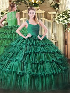 Extravagant Dark Green Organza Zipper 15th Birthday Dress Sleeveless Floor Length Ruffled Layers