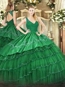 Nice Dark Green Ball Gowns Organza and Taffeta V-neck Sleeveless Beading and Lace and Embroidery and Ruffled Layers Floor Length Backless Quinceanera Gown