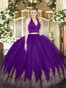 Dark Purple Sleeveless Appliques Floor Length Quinceanera Dress