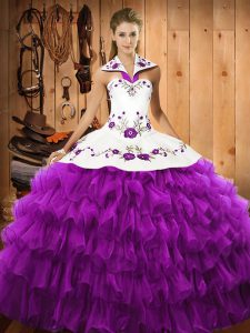 Halter Top Sleeveless Lace Up Sweet 16 Dresses Eggplant Purple Organza