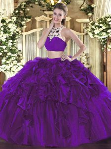 Eggplant Purple High-neck Neckline Beading and Ruffles 15 Quinceanera Dress Sleeveless Backless