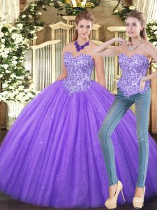 Eggplant Purple Tulle Zipper Sweetheart Sleeveless Floor Length Quinceanera Dress Appliques