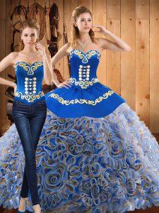 Lovely Sweetheart Sleeveless 15th Birthday Dress With Train Sweep Train Embroidery Multi-color Satin and Fabric With Rolling Flowers