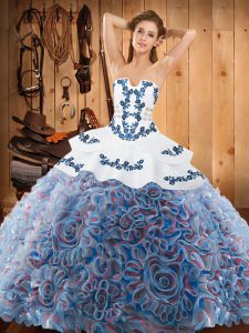 Pretty Strapless Sleeveless Sweep Train Lace Up Quince Ball Gowns Multi-color Satin and Fabric With Rolling Flowers