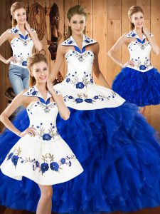 Simple Blue And White Satin and Organza Lace Up Sweet 16 Quinceanera Dress Sleeveless Floor Length Embroidery and Ruffles