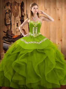 Wonderful Olive Green 15 Quinceanera Dress Military Ball and Sweet 16 and Quinceanera with Embroidery and Ruffles Sweetheart Sleeveless Lace Up