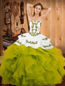 Trendy Strapless Sleeveless Lace Up Quinceanera Gown Olive Green Satin and Organza