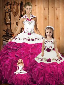 Fuchsia Tulle Lace Up Quinceanera Dress Sleeveless Floor Length Embroidery and Ruffles