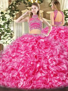 Sweet Hot Pink Two Pieces Beading and Ruffles 15th Birthday Dress Backless Tulle Sleeveless Floor Length