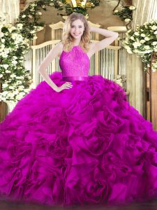 Floor Length Fuchsia Quince Ball Gowns Fabric With Rolling Flowers Sleeveless Lace