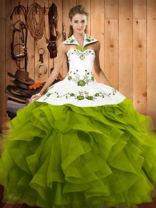 Super Olive Green Tulle Lace Up Vestidos de Quinceanera Sleeveless Floor Length Embroidery and Ruffles