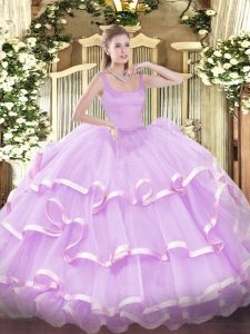 Great Ball Gowns Sweet 16 Dress Lilac Straps Organza Sleeveless Floor Length Zipper