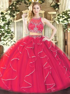 Floor Length Coral Red Quinceanera Dress Scoop Sleeveless Zipper